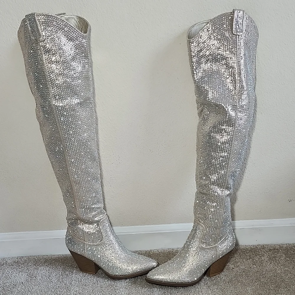 SHEIN Shimmering Silver Over-the-Knee Boots